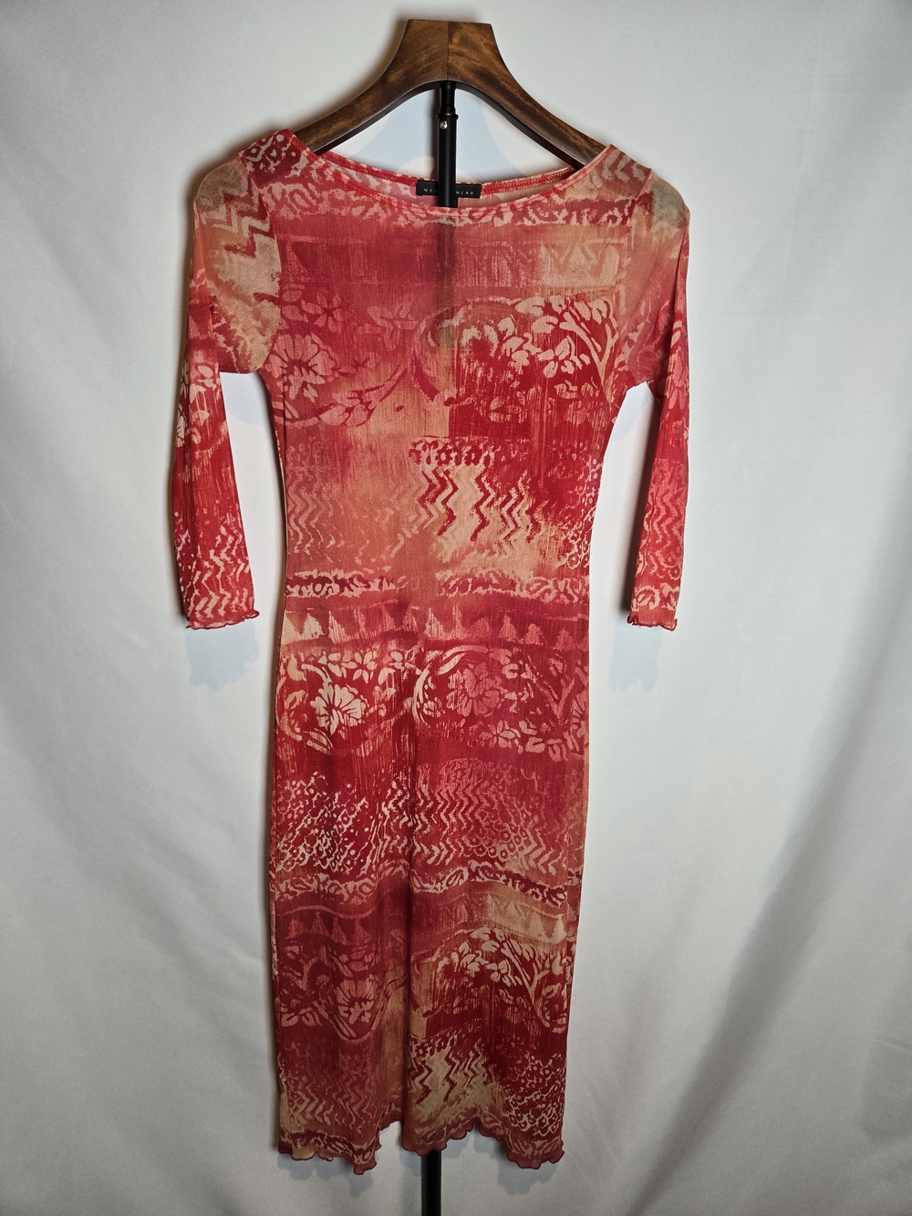 VTG Weston Wear Mesh Midi Dress M Red Abstract Made in USA W/ Lining Size M